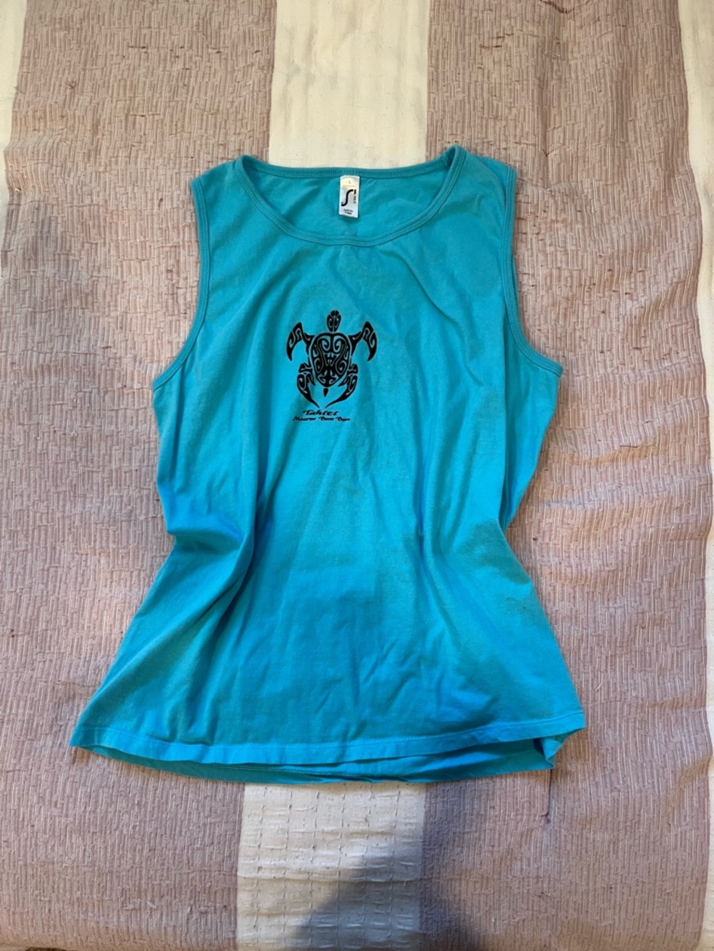 Tahiti Moora Bora Bora Blue Turtle Graphic Print 100% Cotton Womens Tank Top, L